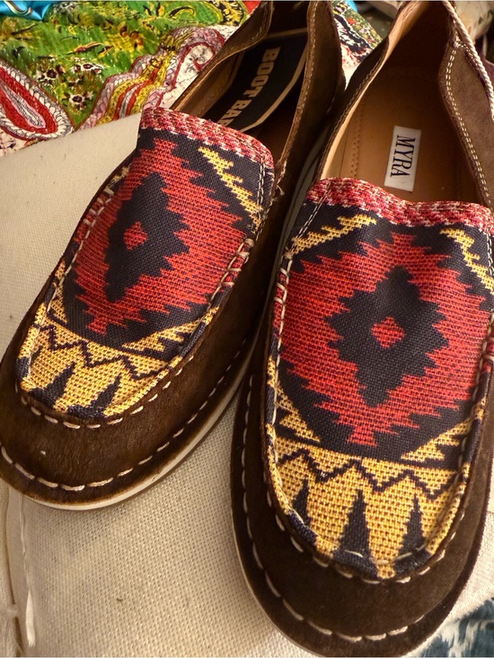 Myra Bag Shoes - Myra Bag Brown Moccasin Loafers with Red & Yellow Aztec Fabric